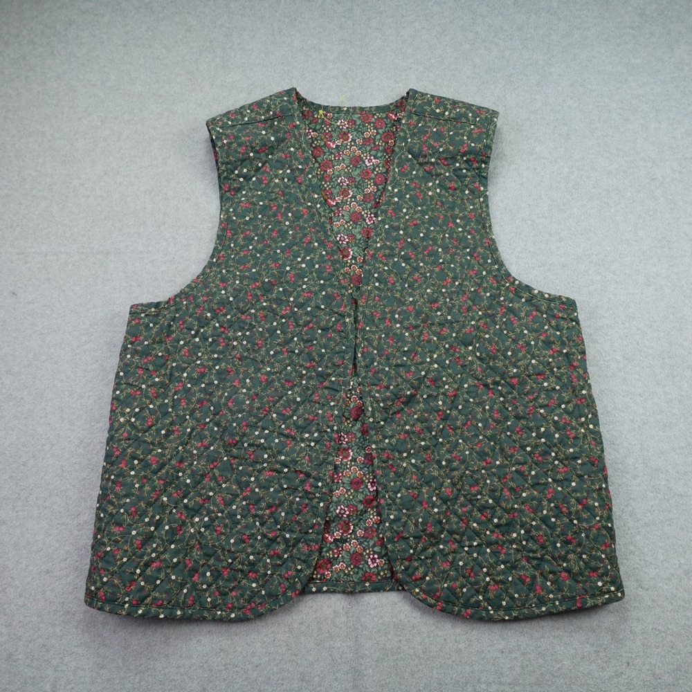 Unbranded Quilted Vest Women Medium Green Floral Cottagecore Reversible